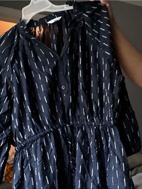 Time and Tru Navy Long Sleeve Tiered Dress with White Dash Print